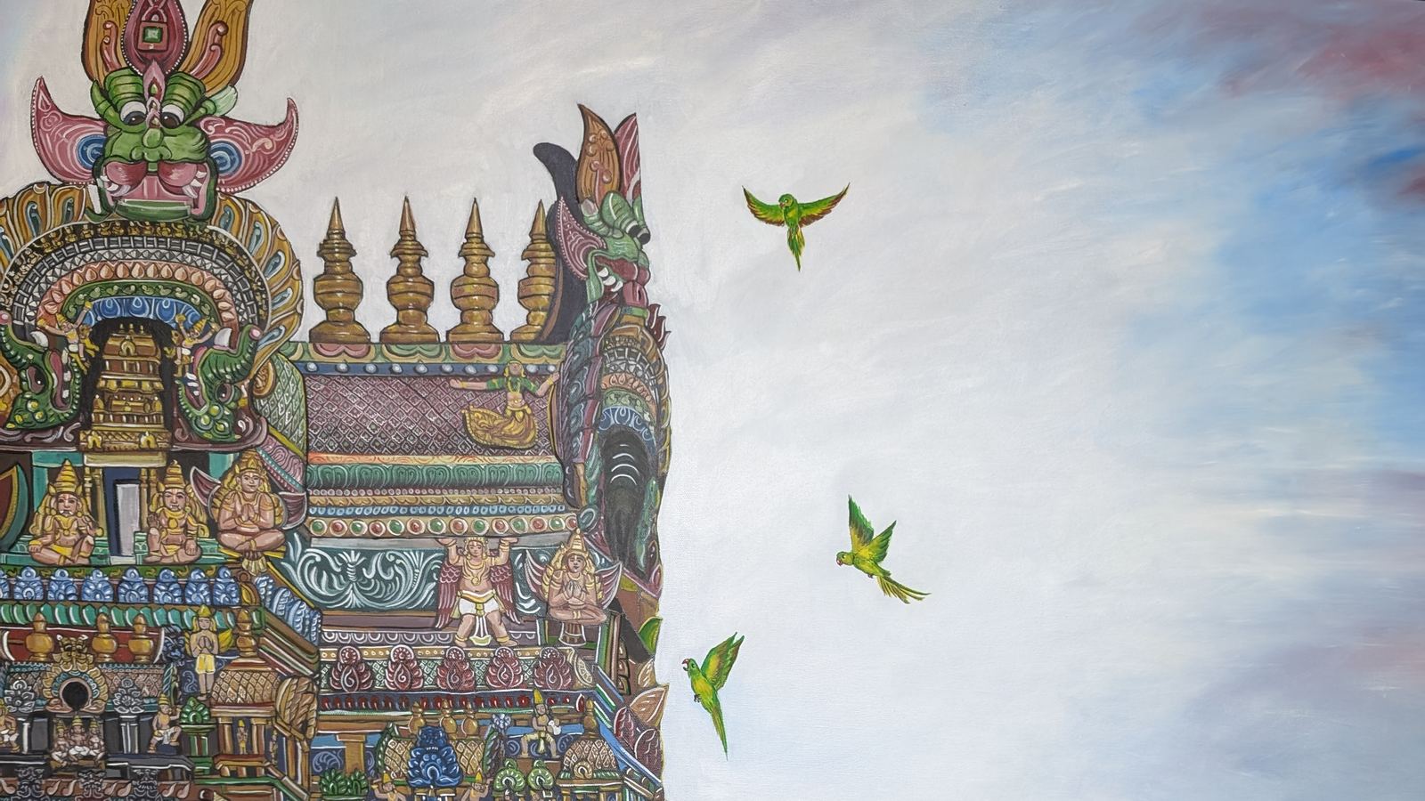 Anu's Srirangam Gopuram canvas: painted temple towers with green parrots in an open sky