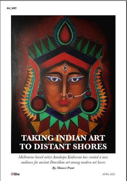 eShe magazine page: Taking Indian Art to Distant Shores, with Anu's painting