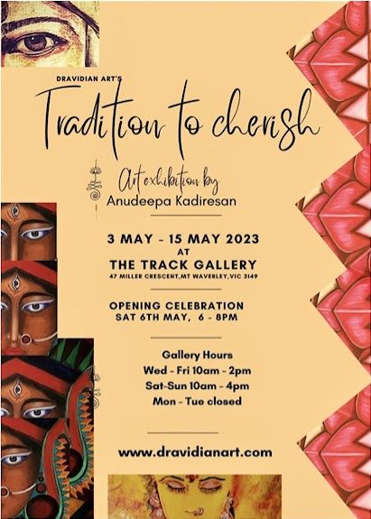 Poster for Tradition to Cherish, an art exhibition by Anudeepa Kadiresan, 3 to 15 May 2023