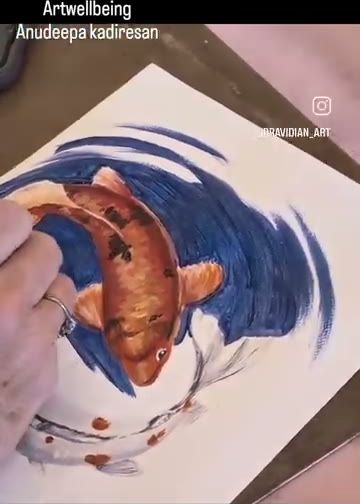 Painting of an orange koi fish in blue water