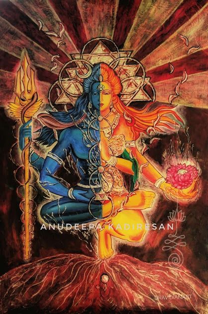 Mixed-media painting of Arthanatheeswarar, half Shiva and half Parvati