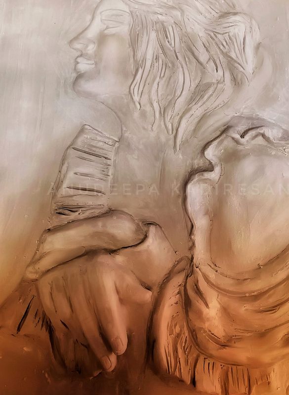 Clay relief panel of a face and hands