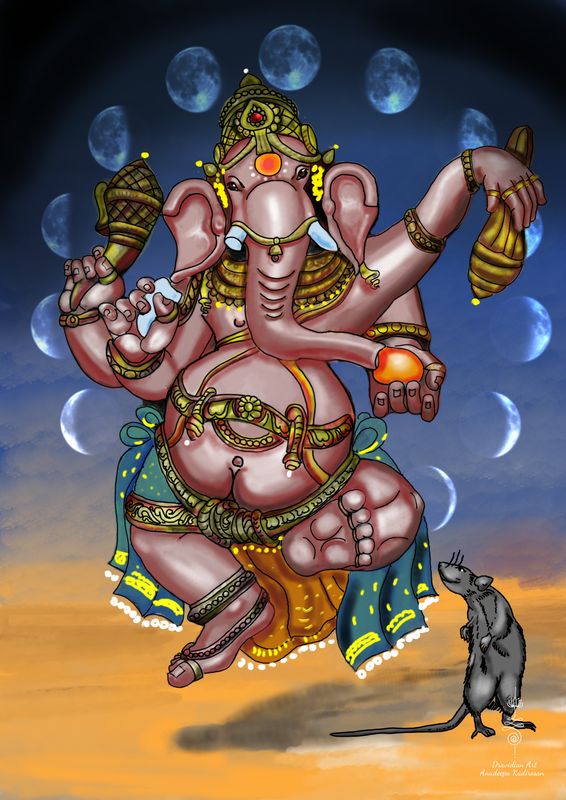 Digital painting of a dancing Ganesha with moons