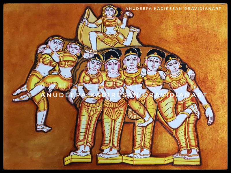 Gouache painting of dancers in a temple-sculpture style