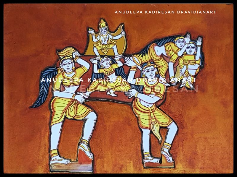 Gouache painting of a horse and figures in a temple-sculpture style