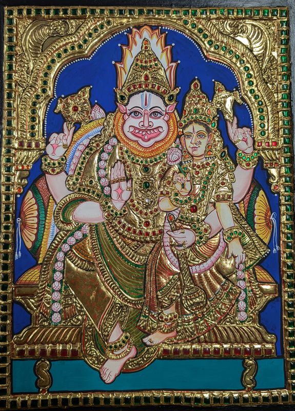 Tanjore painting of Narasimha with Lakshmi in gold relief