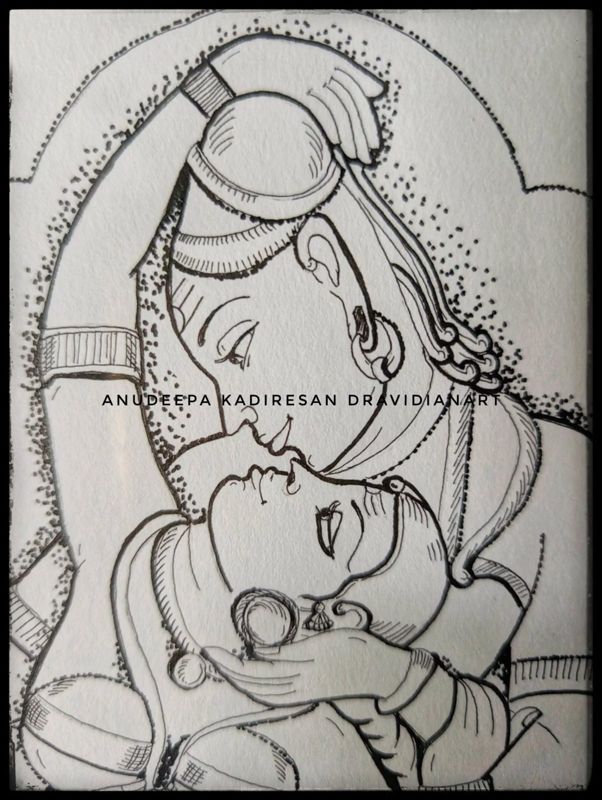 Ink drawing of a figure from the Perur temple pillars