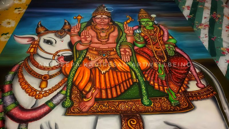 Oil painting of Shiva and Parvati seated on Nandi