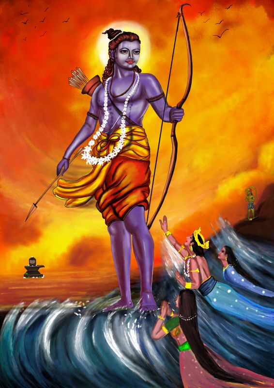 Digital painting of Rama with bow above the sea