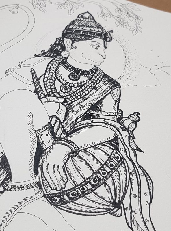 Pen and ink drawing of Hanuman playing a drum