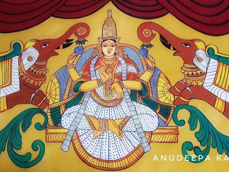 Painted goddess seated on a lotus between elephants