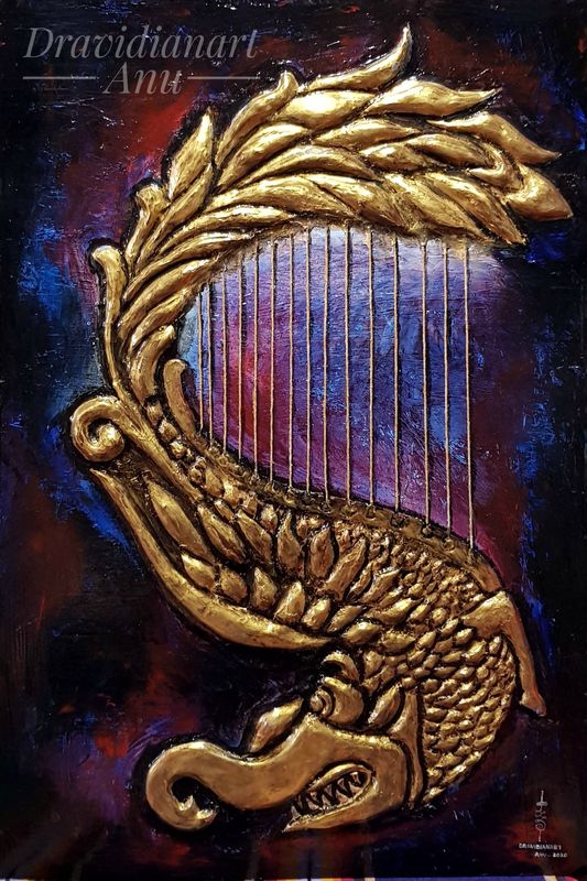 Relief artwork of a yazh, a traditional Tamil harp